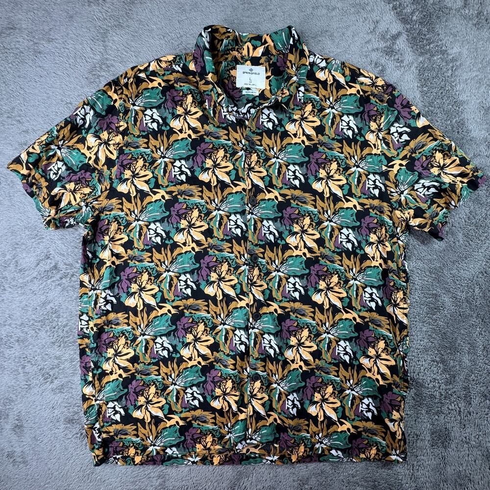 Springfield Button Up Hawaiian Shirt Floral Mens L Cotton Blend Purple Green